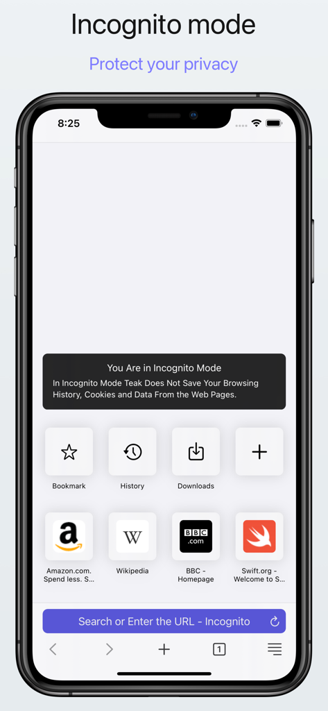 Teak Browser: User Script - Interface do Teak Browser exibindo o modo anônimo com recursos de proteção de privacidade