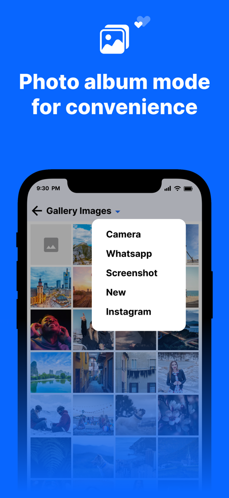 File Manager : Secure Media - Interfaz de aplicación móvil que muestra álbumes de galería de fotos y menú de categorización de multimedia para una fácil organización.