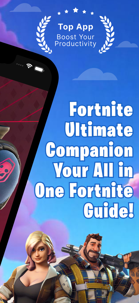 Écran promotionnel de l'application compagnon ultime Fortnite présentant des personnages du jeu et du texte explicatif