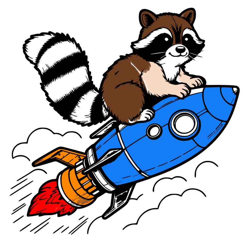 realistic raccoon flying on top rocket ship
