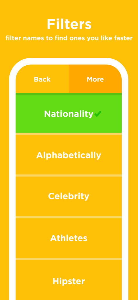 BabyName - find it together - A screenshot of the filters screen in the BabyName app showing options like nationality celebrity and athletes