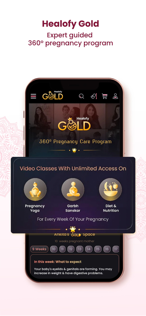 Healofy -Pregnancy & Parenting - A smartphone showing the Healofy Gold interface featuring expert guided pregnancy video classes for yoga Garbh Sanskar and nutrition
