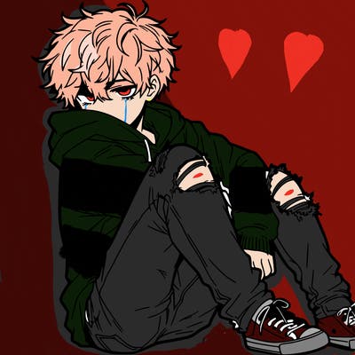 a male hoddie ripped jeans messy hair anime