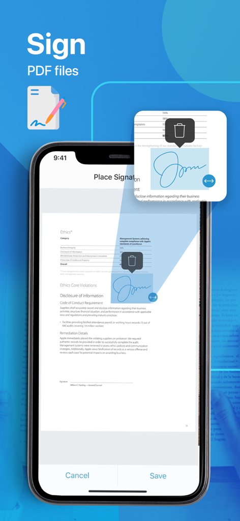 スキャナーアプリのインターフェース。iPhoneでPDFドキュメントにデジタル署名を追加・配置する方法を示す。