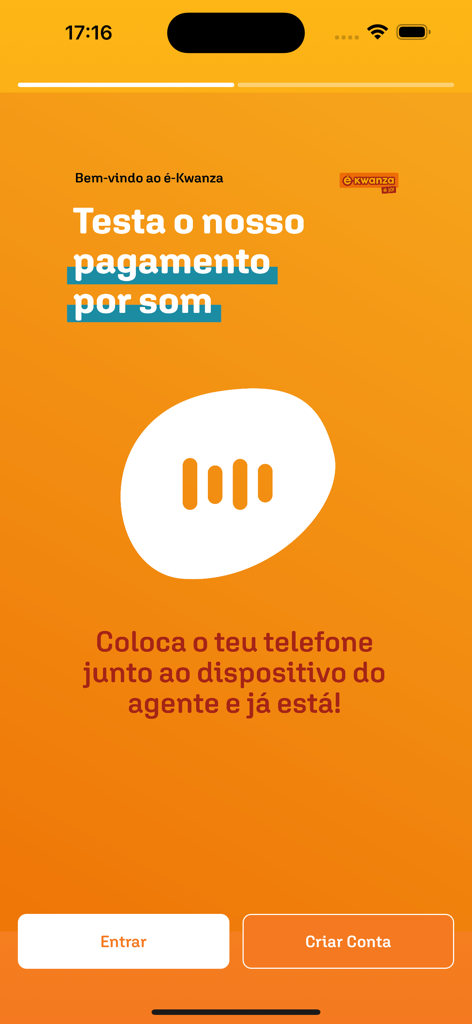 Ecrã de boas-vindas da aplicação móvel é-Kwanza a promover o pagamento por som com botões de login e criar conta.
