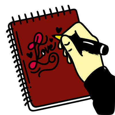 a hand writing “love” in calligraphy on a notebook