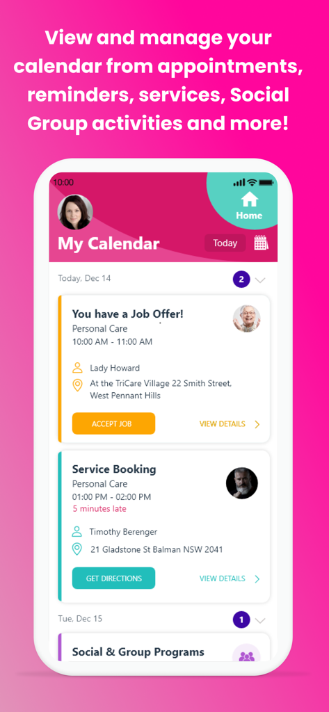 CareVision Plus app calendar interface showing daily care appointments and social group activities