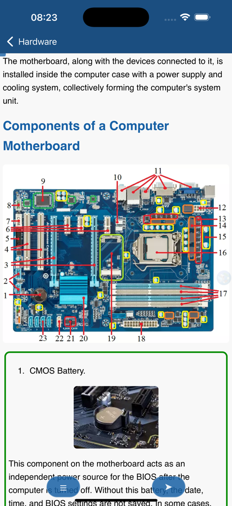 Un diagrama detallado de los componentes de la placa base de la computadora con etiquetas y una descripción de la batería CMOS.