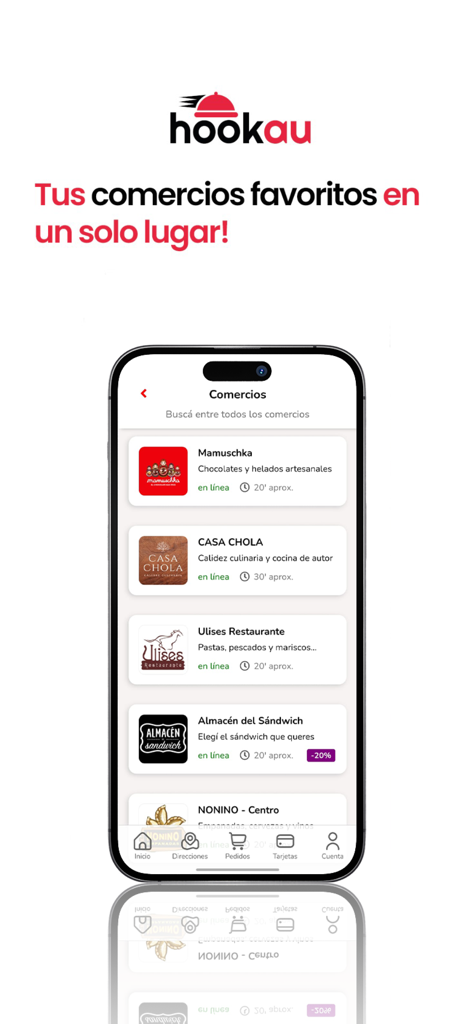 Hookau Delivery App - Interface do aplicativo Hookau exibindo uma lista de restaurantes e lojas locais em San Martin de los Andes