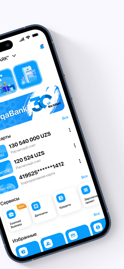Aloqa Business 2.0 - Mobile dashboard of Aloqa Business 2.0 banking app displaying corporate accounts and financial services