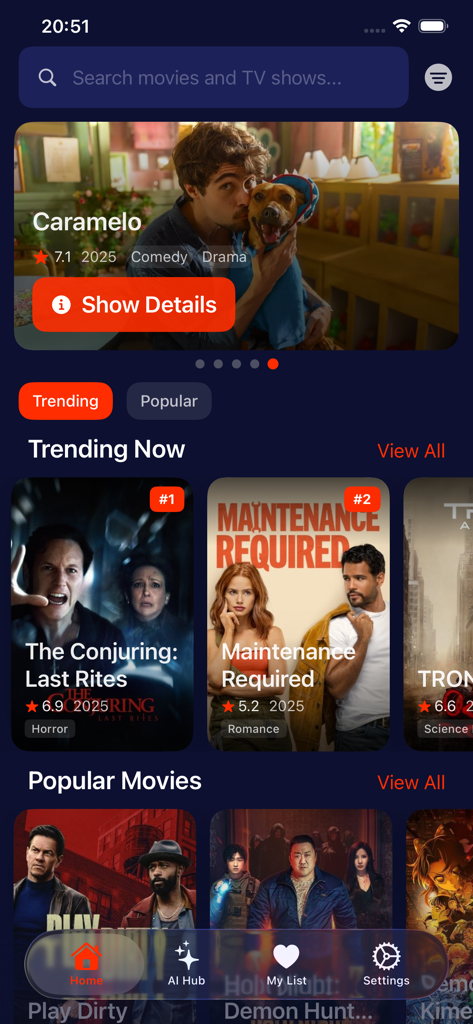 Movidex movie discovery app home screen with trending movies and search bar