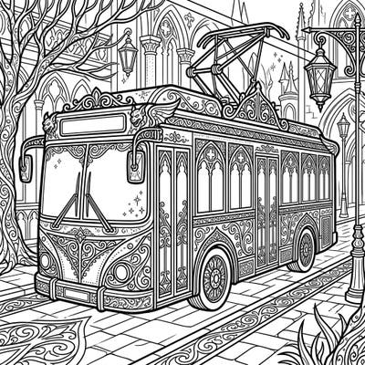 Discover a unique blend of modern transport and ancient mystique with our Gothic Electric Bus coloring page. Immerse yourself in intricate designs, dramatic shadows, and ornate details as you bring this melancholic masterpiece to life.
