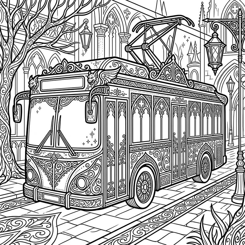 Discover a unique blend of modern transport and ancient mystique with our Gothic Electric Bus coloring page. Immerse yourself in intricate designs, dramatic shadows, and ornate details as you bring this melancholic masterpiece to life.