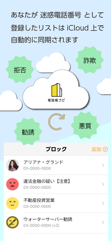 電話帳ナビ－迷惑電話やメールを自動判定（迷惑電話ブロック） - TelNavi mobile app interface showing iCloud synchronization for nuisance call block lists and spam identification categories