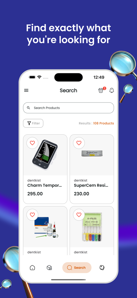 Sadeem Store Mobile App Suchbildschirm mit Dentalprodukten und Suchfiltern