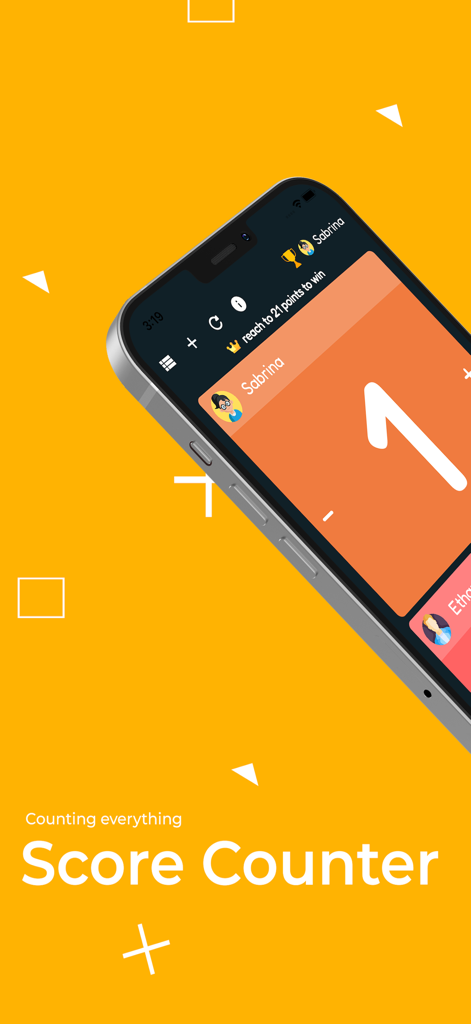 Mobile phone screen showing the Score Counter app with a point tracker for a player named Sabrina