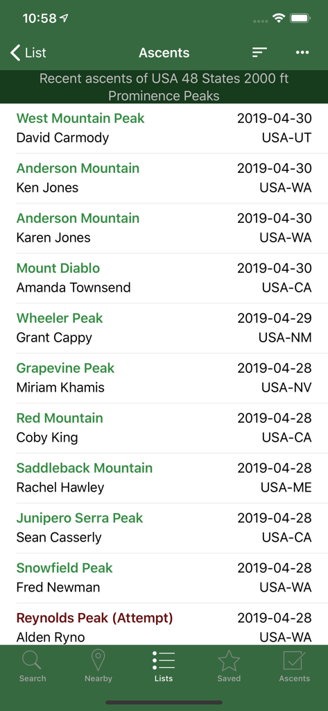 Peakbagger - Screenshot of the Peakbagger app showing a chronological list of recent peak ascents with climber names and locations