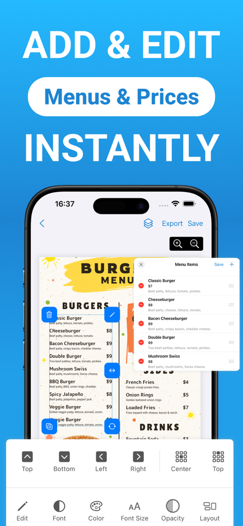 Create Menus Easily - Mobile app interface showing how to edit a burger menu and its prices instantly