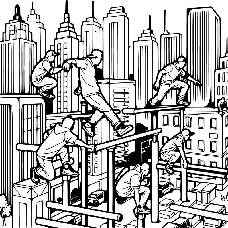 parkour athletes navigating a challenging cityscape