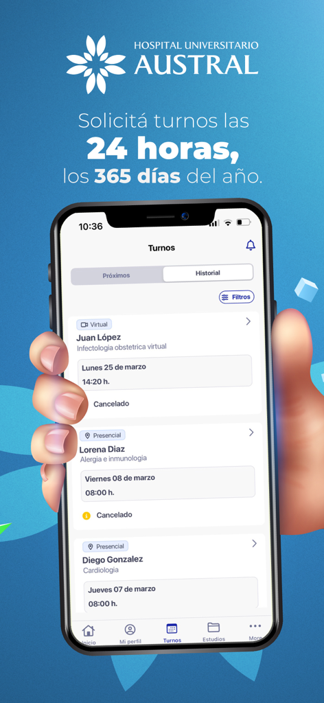 Portal Hospital Austral - Interfaz de la app Hospital Austral mostrando citas médicas programadas y pasadas