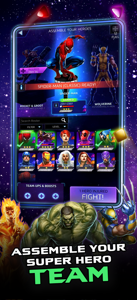 MARVEL Puzzle Quest: Hero RPG - Tela do Marvel Puzzle Quest para montar uma equipe de super-heróis a partir de um elenco de personagens