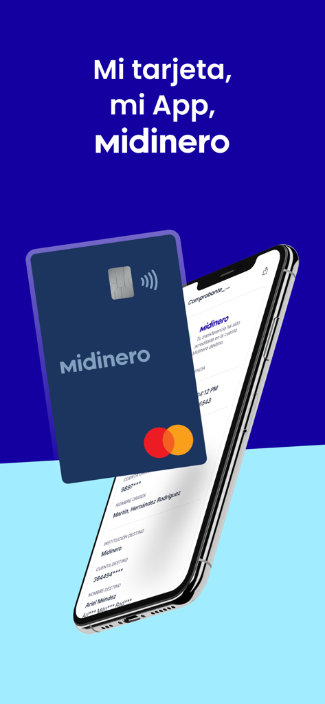 Midinero App - Tarjeta de pago Midinero y smartphone mostrando un recibo de transacción
