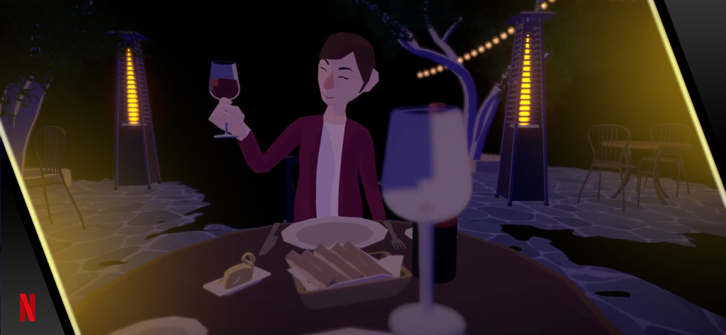 Before Your Eyes - Un personaggio stilizzato alza un bicchiere di vino a un tavolo da cena all'aperto di notte