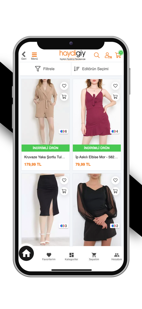 HaydiGiy - HaydiGiy mobile app interface displaying a catalog of modern womens dresses and apparel with prices