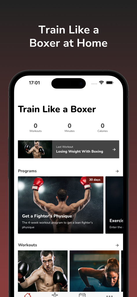 Train Like a Boxer - Schermata dell'app mobile per 'Allenati Come un Pugile' che mostra programmi di allenamento per un fisico da combattente