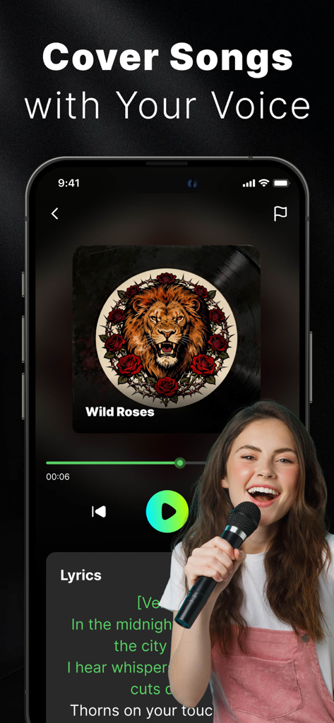 AI Cover&Music Maker ·Bach AI - Pantalla de la aplicación móvil que muestra a una mujer cantando y la interfaz de la función de cover de canciones de Bach AI.