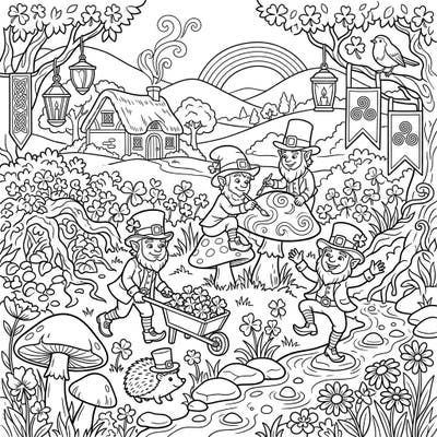 Step into an enchanting world of Irish folklore with this vibrant full-scene coloring page, perfect for St. Patrick's Day. Featuring mischievous leprechauns, shamrocks, and a whimsical landscape, it promises hours of creative fun.