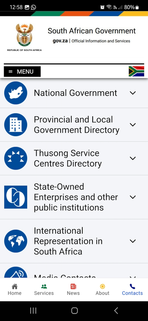 Main menu of the South African Government mobile app showing official directory categories and navigation