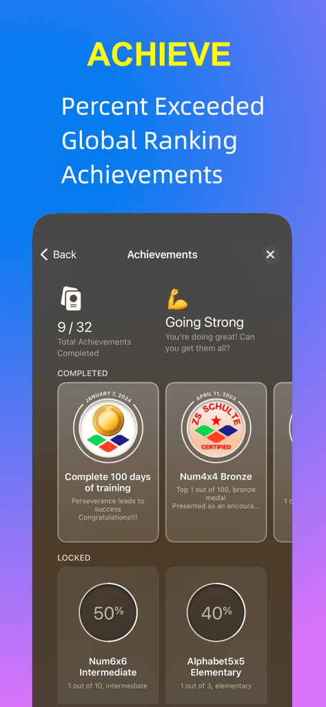 Achievements screen in the Schulte Table app showing completed medals and locked progress goals