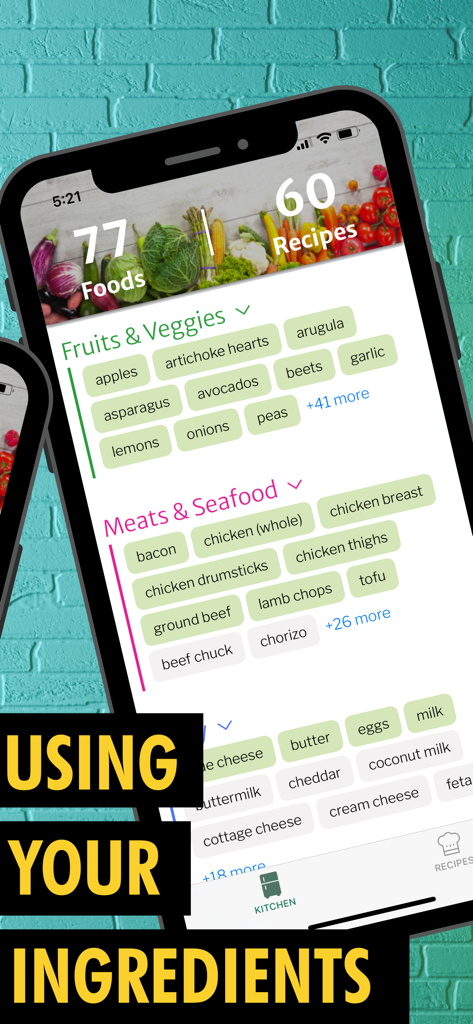 Half Lemons: Recipe Generator - The Half Lemons app interface listing kitchen ingredients like fruits and meats to generate matching recipes.
