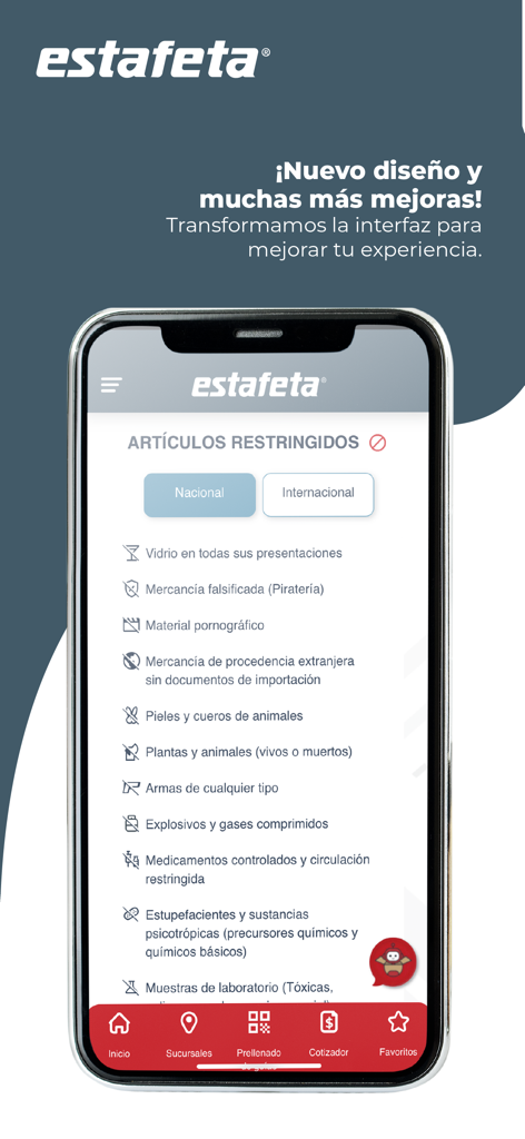 Tela do aplicativo Estafeta móvil exibindo uma lista de itens de envio restritos, como armas e explosivos