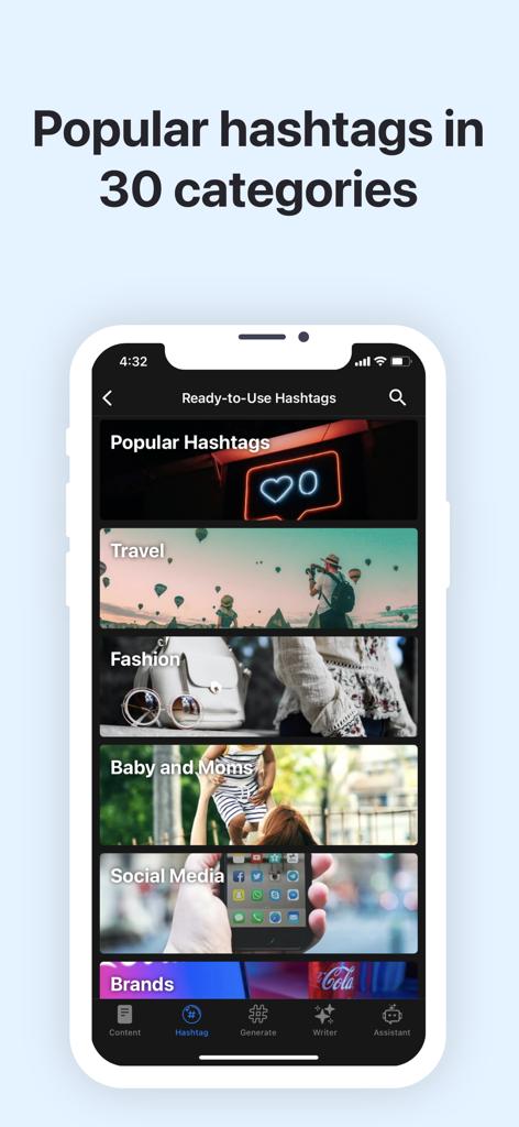 Écran de l'application Hashtag Smart montrant les catégories populaires de hashtags pour les réseaux sociaux comme les voyages et la mode