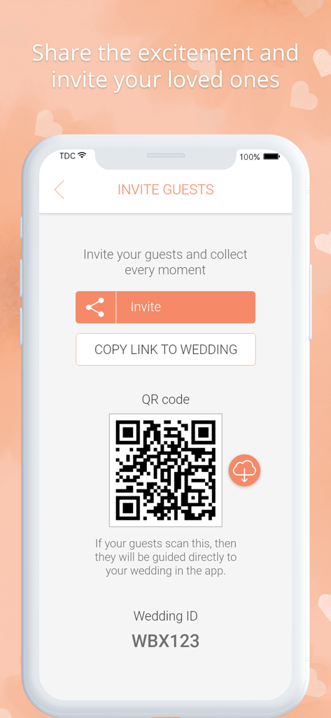 Wedding photo app by Wedbox - Wedbox app interface for inviting wedding guests using a QR code or shareable link