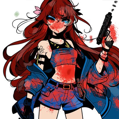 bad girl wearing crop top holding a gun long hair anime