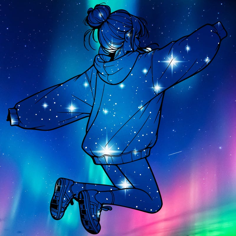 realistic girl jumping with a bun and oversized sweatshirt