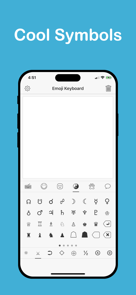 テキスト用絵文字アプリでさまざまなクールなシンボルとUnicode文字を表示する画面