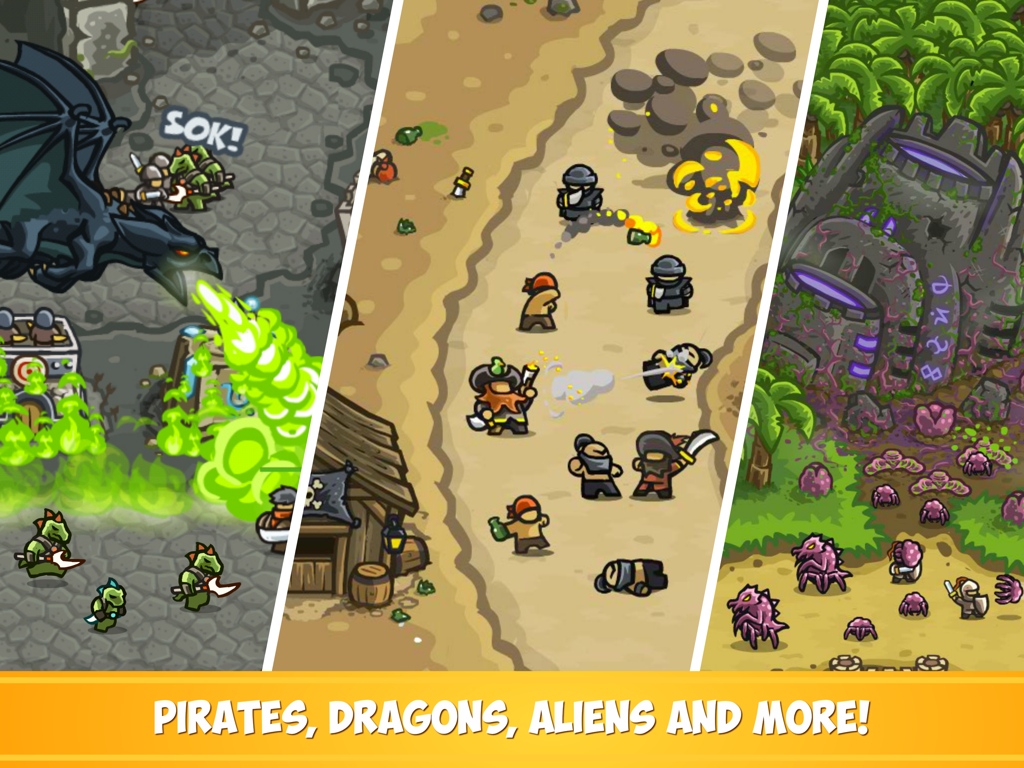 Kingdom Rush Frontiers TD HD - Collage de jugabilidad con dragones, piratas y extraterrestres en Kingdom Rush Frontiers