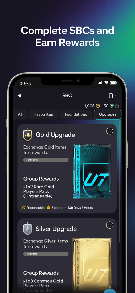 EA SPORTS FC 26 Companion app interface showing Squad Building Challenges for Gold and Silver player upgrades
