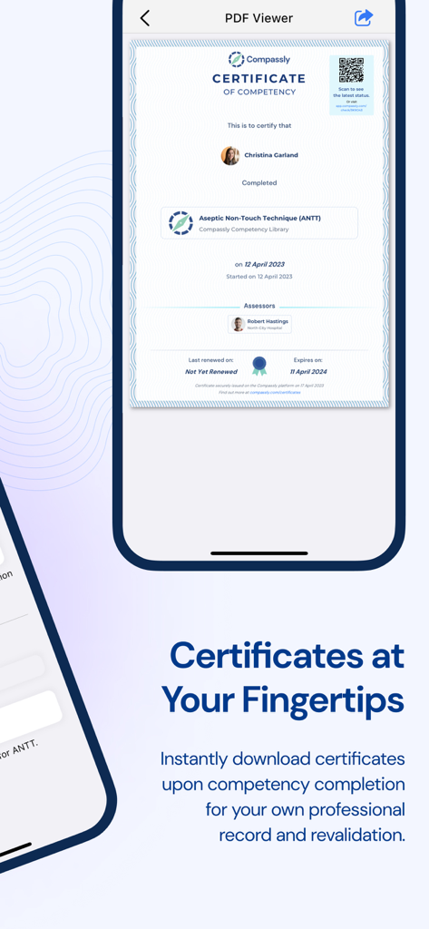 A smartphone screen displaying a digital clinical competency certificate for medical professionals in the Compassly app