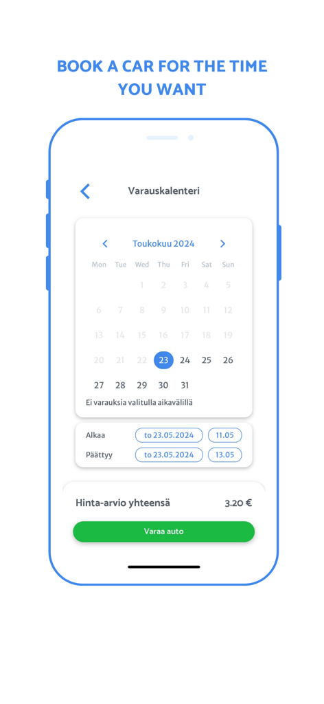 Omago Car Sharing & Rental - Omago app interface showing a reservation calendar to book a car for a specific date and time