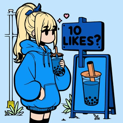 girl with oversized hoodie drinking boba and she has a high ponytail with a sign that says 10likes?