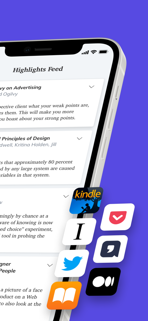 Readwise mobile app highlights feed displaying notes synced from Kindle Twitter and Medium