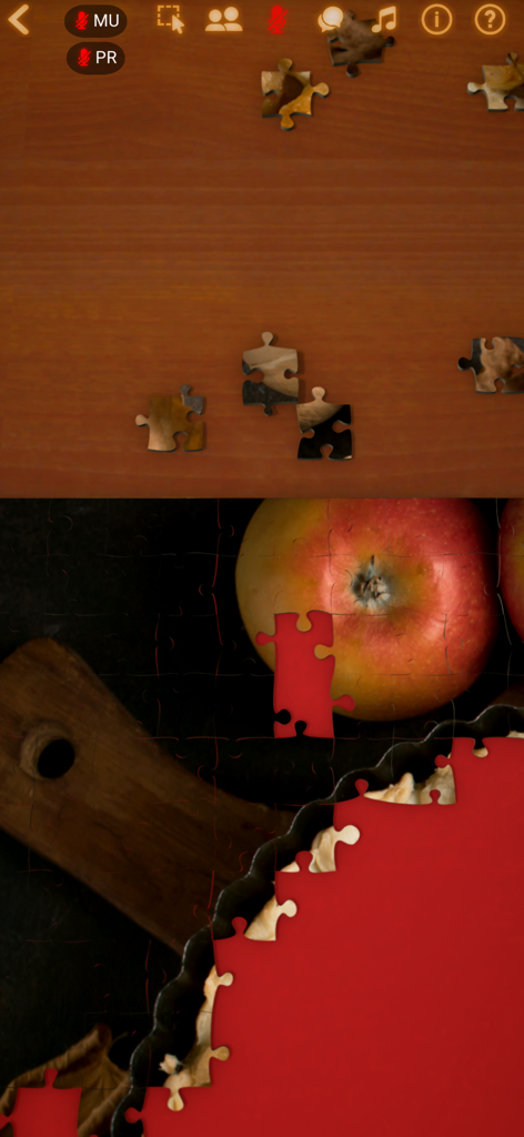Puzzle Together - Gameplay screen of Puzzle Together showing a jigsaw puzzle of apples with social voice chat and multiplayer icons.