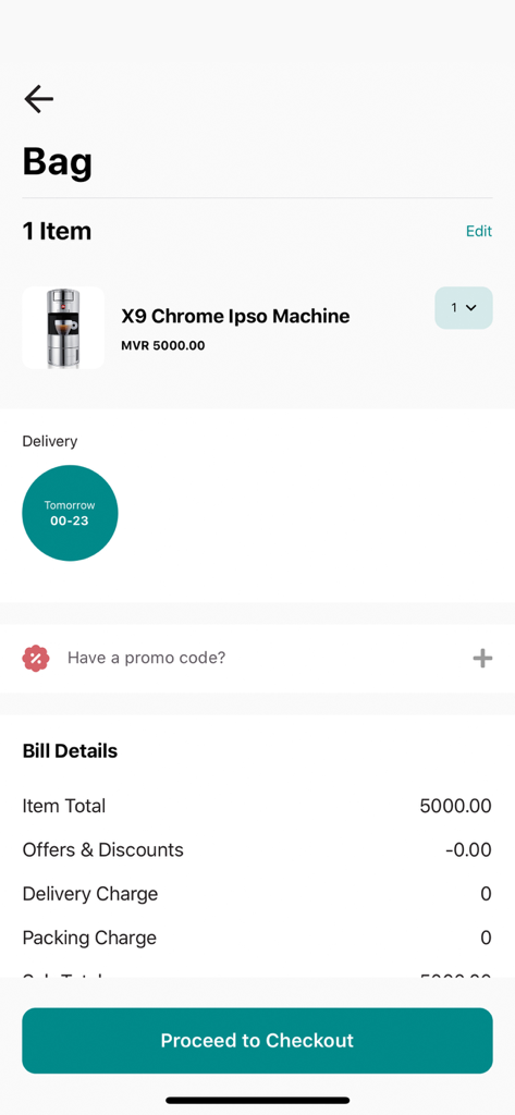 SIMDI Online app bag screen showing a coffee machine in the cart and a proceed to checkout button