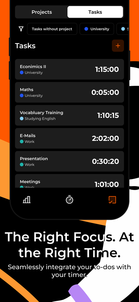 Focus Now - Pomodoro Timer - Focus Now app task list displaying university and work projects with recorded focus hours