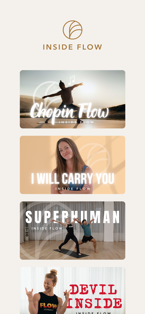 Inside Flow yoga class video thumbnails and logo
